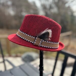 Kids Stylish Red Linen Fedora with Feather Accents